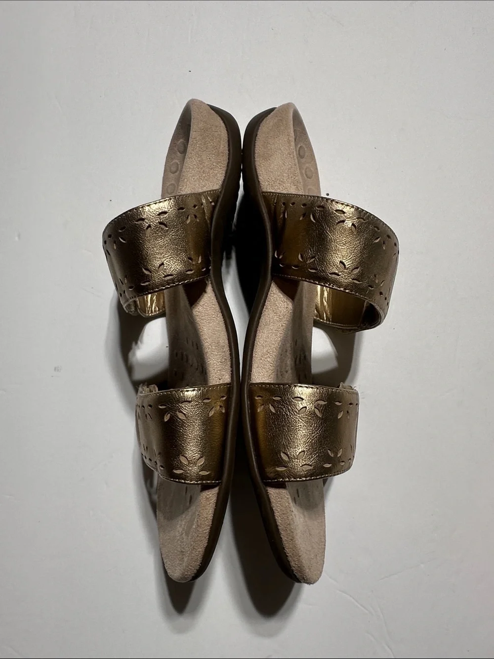 Vionic Randi Metallic Gold Double-Strap Slide Sandals with perforated details